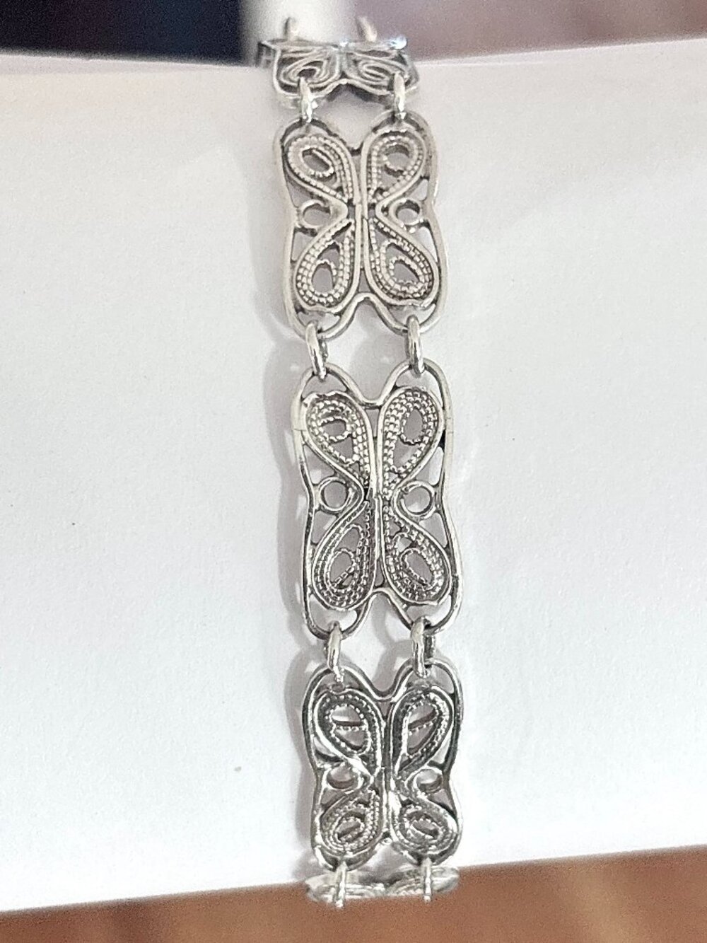 Vintage Polish Sterling Silver 925 Filigree Butterfly Panel Link Bracelet